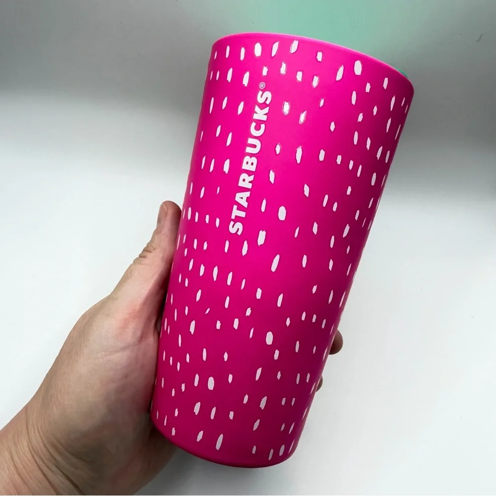 New Starbucks 2022 Summer Dots Strawberry Neon Pink Ceramic Travel Tumbler